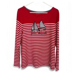 Talbots Red White Striped Sailboat Nautical Tee Large 100% Cotton Long Sleeve